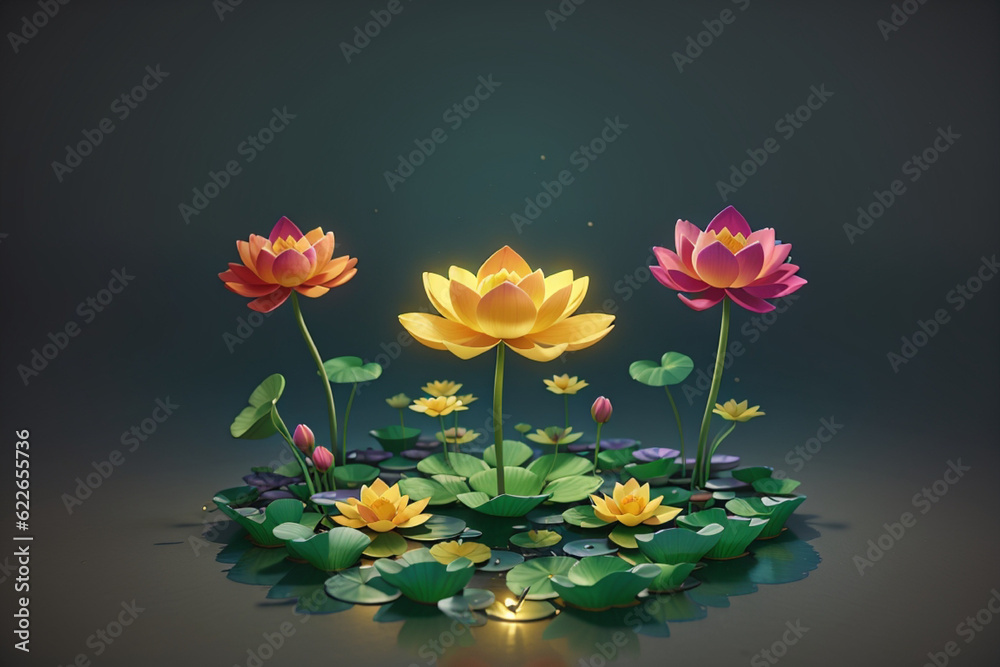 A unique luminous lotus flower is floating in the lake, ai generated