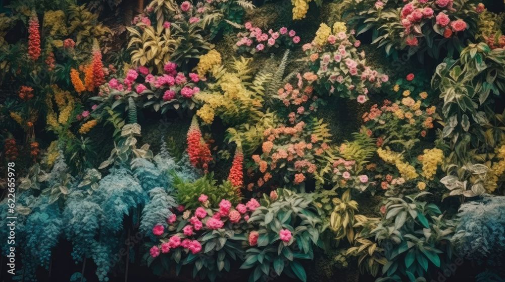 A wall full of vegetation with colorful flowers