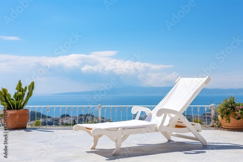 Relaxing Serenity White Deck Chair on Terrace with Stunning Sea View  Generative AI