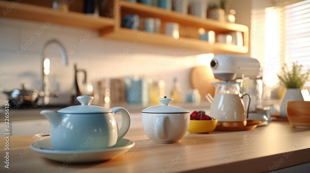 Utensils and dishware in modern kitchen