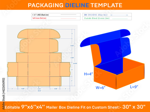  9x6x4 inch Custom Mailer Box Dieline Template