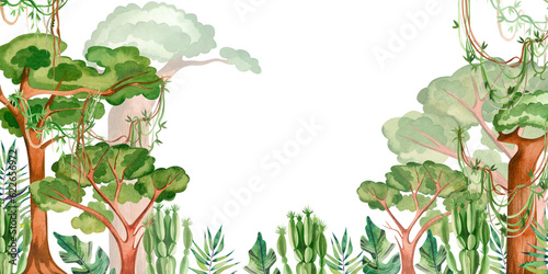 Rectangular banner. Jungle, tropical trees with green foliage, lianas, cacti hand-drawn in watercolor on a white background. Suitable for design, printing on fabric and paper, for scrapbooking.