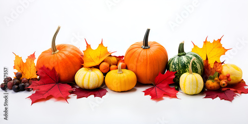 Autumn arrangement of pumpkins with red leaves over white background, Autumn border of pumpkins and red fall leaves isolated on a white background, generative Ai