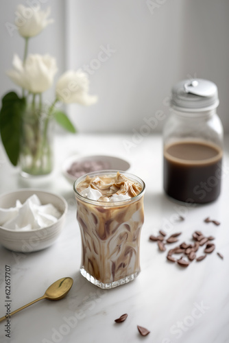Vietnamese iced coffee in glass on white table