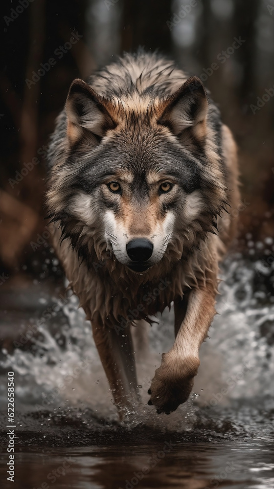 Wolf walking in the water