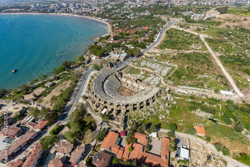 Aerial view of the ancient theatre in Side, Antalya, Turkey. photo