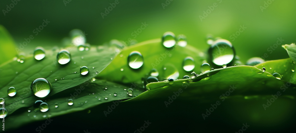 Closeup of fresh green leaves with dew water drop in the morning - Plant leaf background banner panorama (Generative Ai)