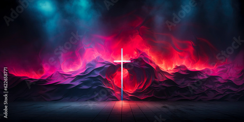Modern Christian neon cross with outpouring of the Holy Spirit. Christian illustration.