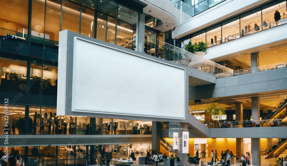public shopping center mall or business center high big advertisement board space as empty blank white mockup signboard with copy space area for sale and offers advertisements - Generative AI