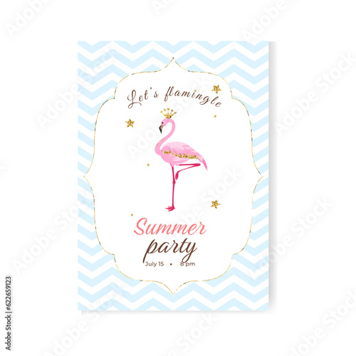 Let's flamingle. Summer party invitation template. A pink flamingo, glitters and stars. photo