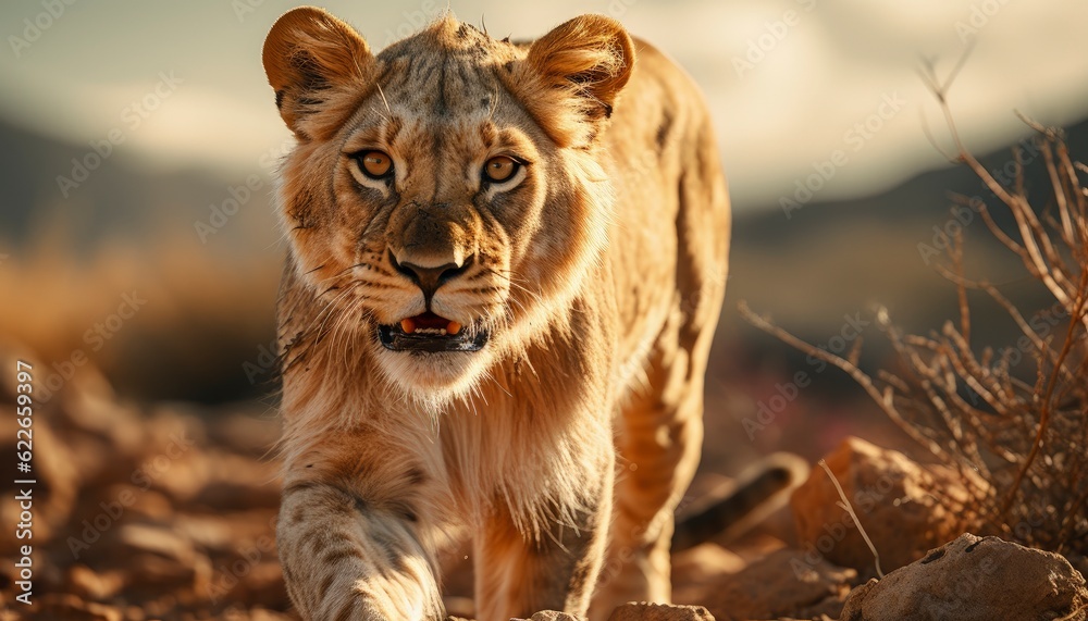 Obraz premium A majestic wild lioness in the vast expanse of the Sahara desert
