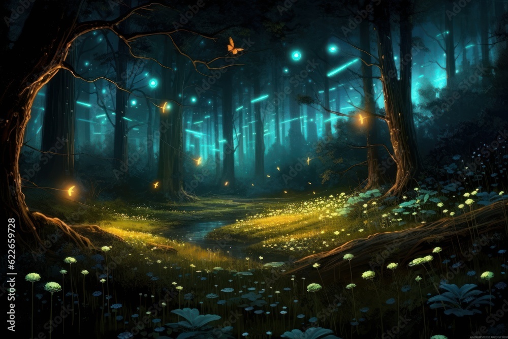 Gloomy fantasy forest scene at night with glowing fireflies. Generative AI 1