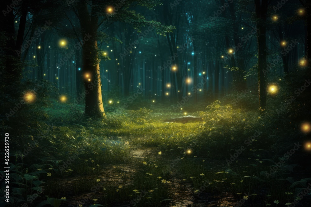Gloomy fantasy forest scene at night with glowing fireflies. Generative AI 2