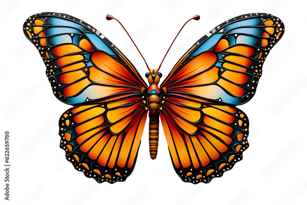 A close-up monarch butterfly with its delicate wings fully extended, showcasing the intricate patterns and colors in transparent background, butterfly isolated on white background A close-up monarch butterfly with its delicate wings fully extended, showcasing the intricate patterns and colors in transparent background, butterfly isolated on white background