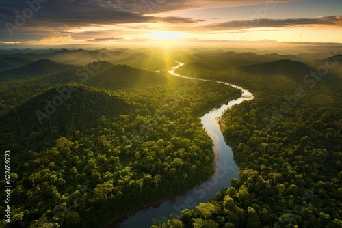 Aerial view of the Amazonas jungle landscape with river bend
