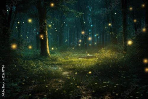 Gloomy fantasy forest scene at night with glowing fireflies. Generative AI 2