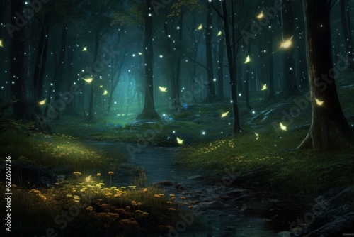 Gloomy fantasy forest scene at night with glowing fireflies. Generative AI 3 © MaVeRa
