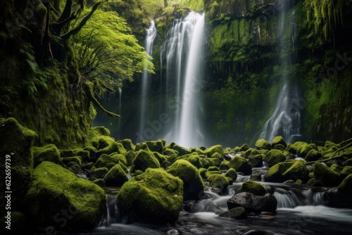 Waterfall landscape with rocks covered in green moss. Generative A 7