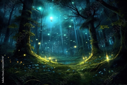 Gloomy fantasy forest scene at night with glowing fireflies. Generative AI