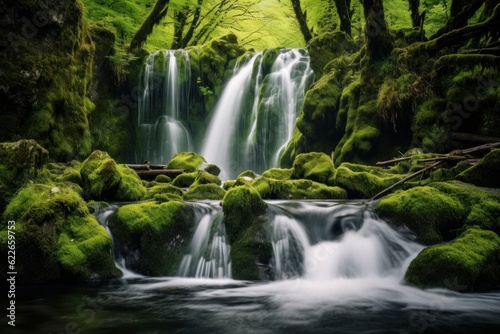 Waterfall landscape with rocks covered in green moss. Generative AI 3