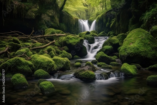 Waterfall landscape with rocks covered in green moss. Generative AI 2