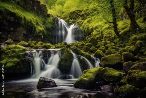 Waterfall landscape with rocks covered in green moss. Generative AI 5