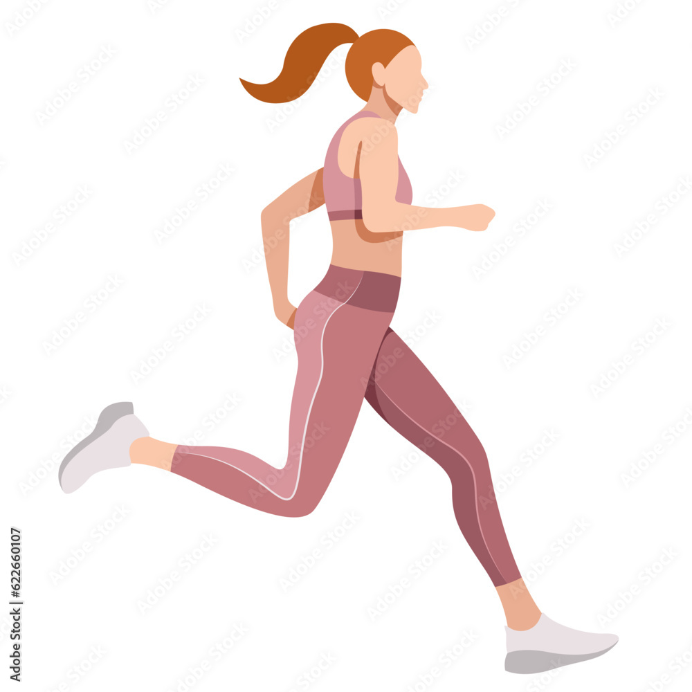 vector realistic image of a slim girl in a sports uniform (leggings and a sports bra) is engaged in fitness, sports, trains isolated on a white background. the woman is running. morning run. jogging.
