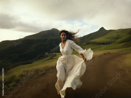 beautiful woman dramatically running to freedom at the hills landscape, inspiring photo created with generative AI