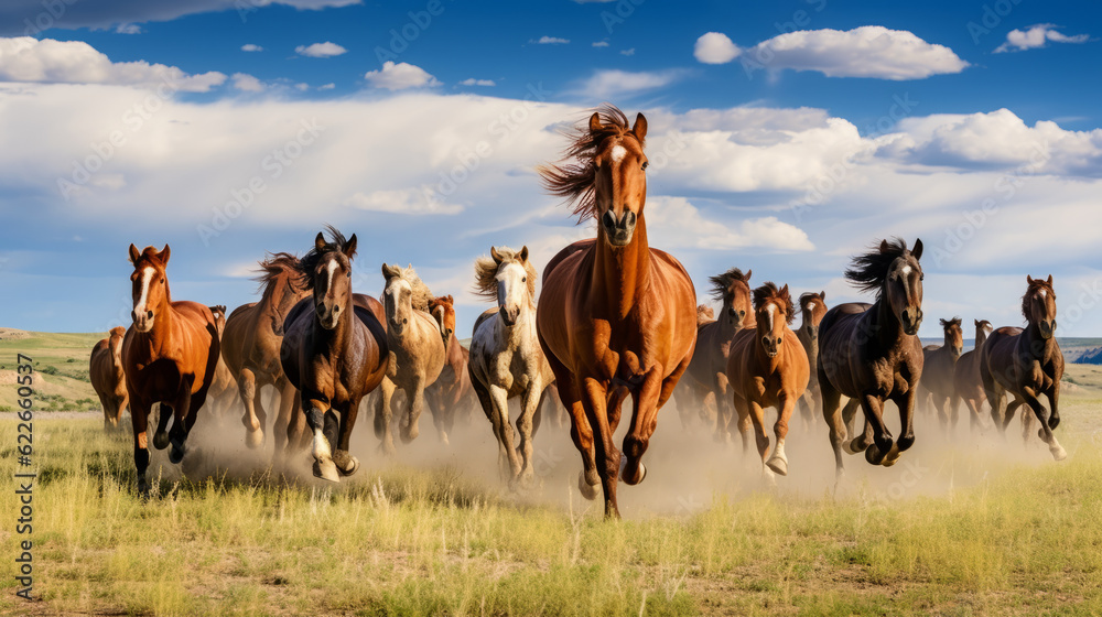Hoard of mustang horse running in middle of Midwest panorama Hoard of mustang horse running in middle of Midwest panorama