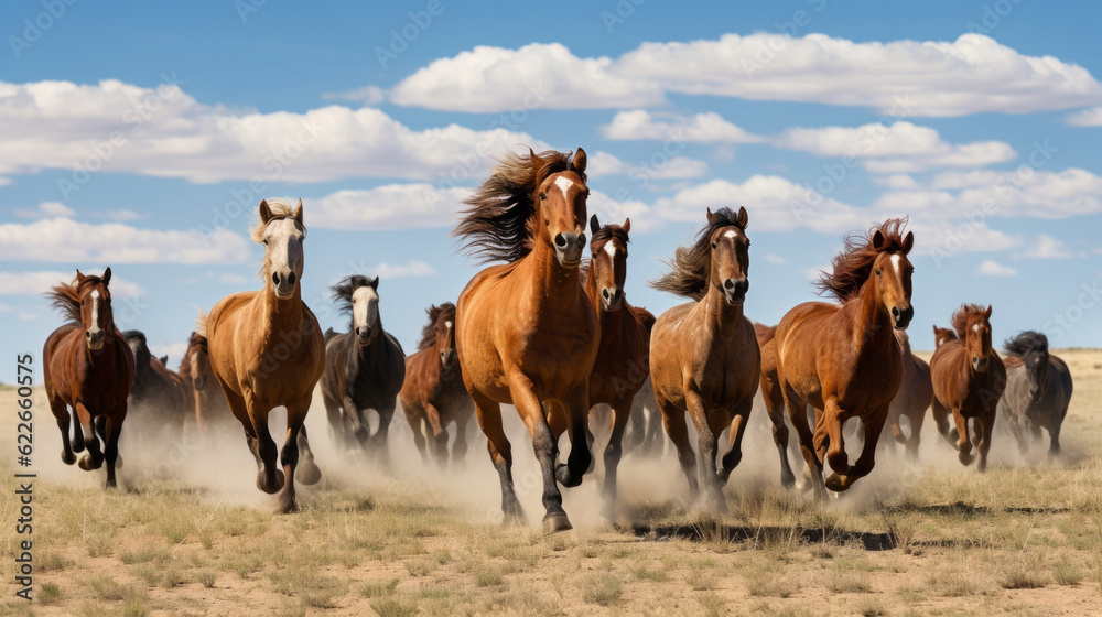 Obraz premium Hoard of mustang horse running in middle of Midwest panorama