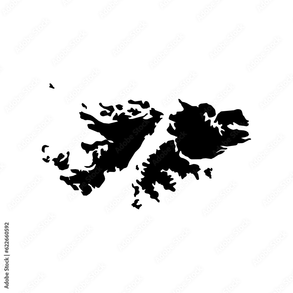 Map of an outline of the country of Falkland Islands highlighted in black isolated on a white background with the surrounding countries outlined