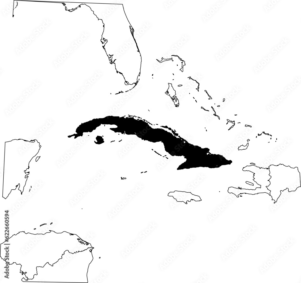 Naklejka premium Map of an outline of the country of Cuba highlighted in black isolated on a white background with the surrounding countries outlined