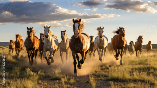 Hoard of mustang horse running in middle of Midwest panorama