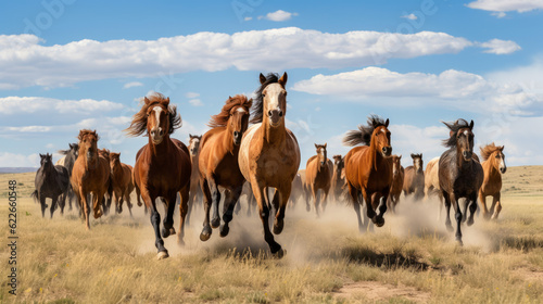 Hoard of mustang horse running in middle of Midwest panorama © Keitma