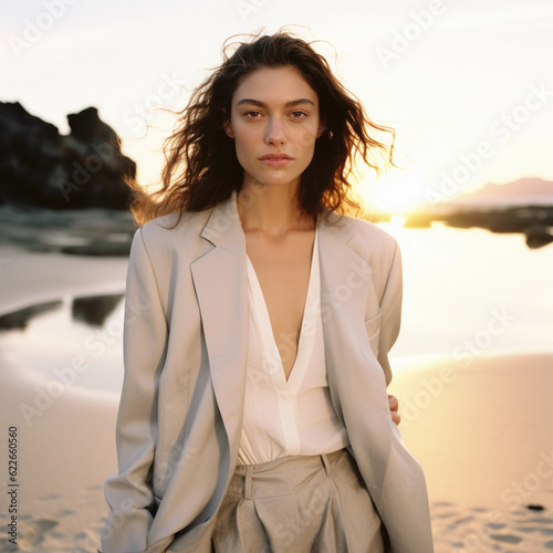 portrait of beautiful brunette woman on the beach, soft light, photo created with Generative AI technology