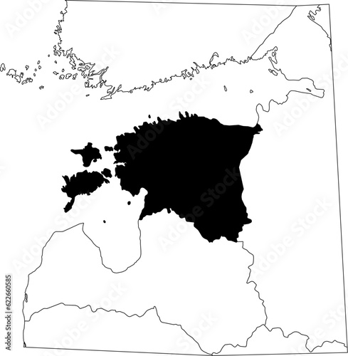 Map of an outline of the country of Estonia highlighted in black isolated on a white background with the surrounding countries outlined