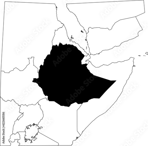 Map of an outline of the country of Ethiopia highlighted in black isolated on a white background with the surrounding countries outlined