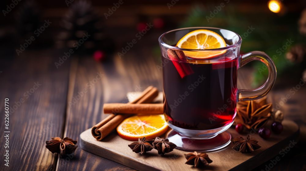 Mulled Wine with orange and spice close-up view