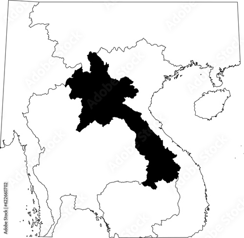Map of an outline of the country of Laos highlighted in black isolated on a white background with the surrounding countries outlined