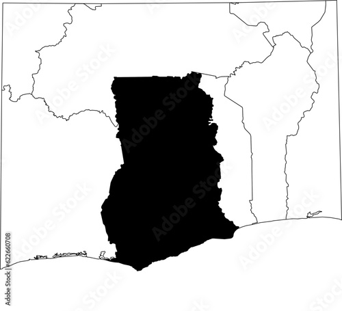 Map of an outline of the country of Ghana highlighted in black isolated on a white background with the surrounding countries outlined