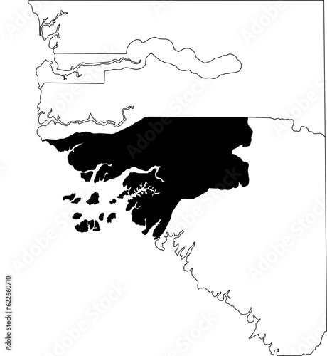 Map of an outline of the country of Guinea Bissau highlighted in black isolated on a white background with the surrounding countries outlined