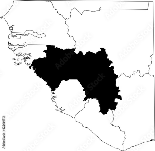 Map of an outline of the country of Guinea highlighted in black isolated on a white background with the surrounding countries outlined