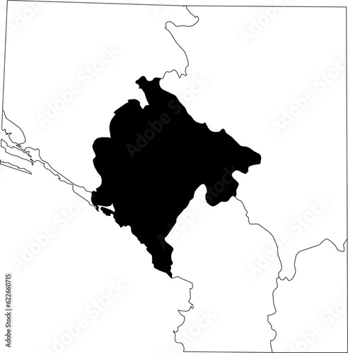 Map of an outline of the country of Montenegro highlighted in black isolated on a white background with the surrounding countries outlined