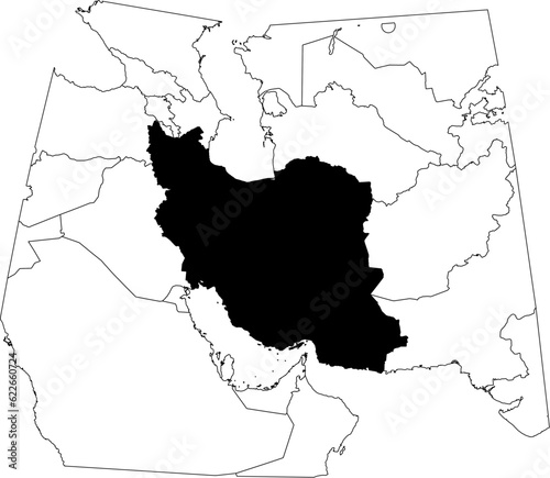 Map of an outline of the country of Iran highlighted in black isolated on a white background with the surrounding countries outlined