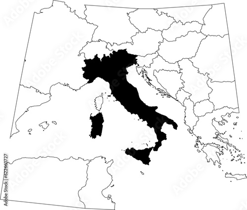 Map of an outline of the country of Italy highlighted in black isolated on a white background with the surrounding countries outlined