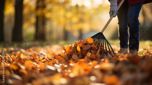 Canvastavla Person rake leaves in autumn
