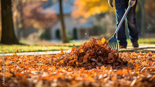 Obraz na płótnie Person rake leaves in autumn