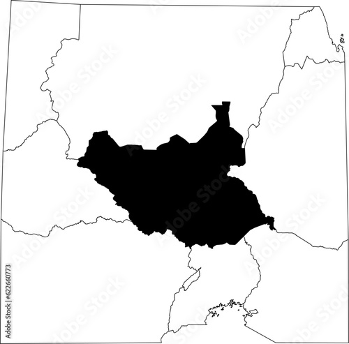 Map of an outline of the country of S. Sudan highlighted in black isolated on a white background with the surrounding countries outlined