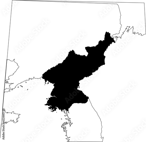 Map of an outline of the country of North Korea highlighted in black isolated on a white background with the surrounding countries outlined