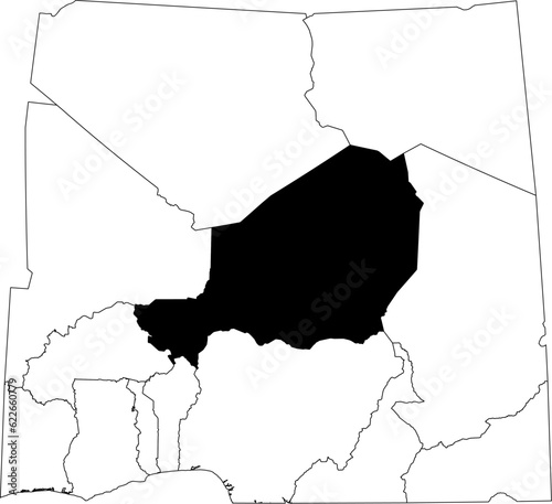 Map of an outline of the country of Niger highlighted in black isolated on a white background with the surrounding countries outlined